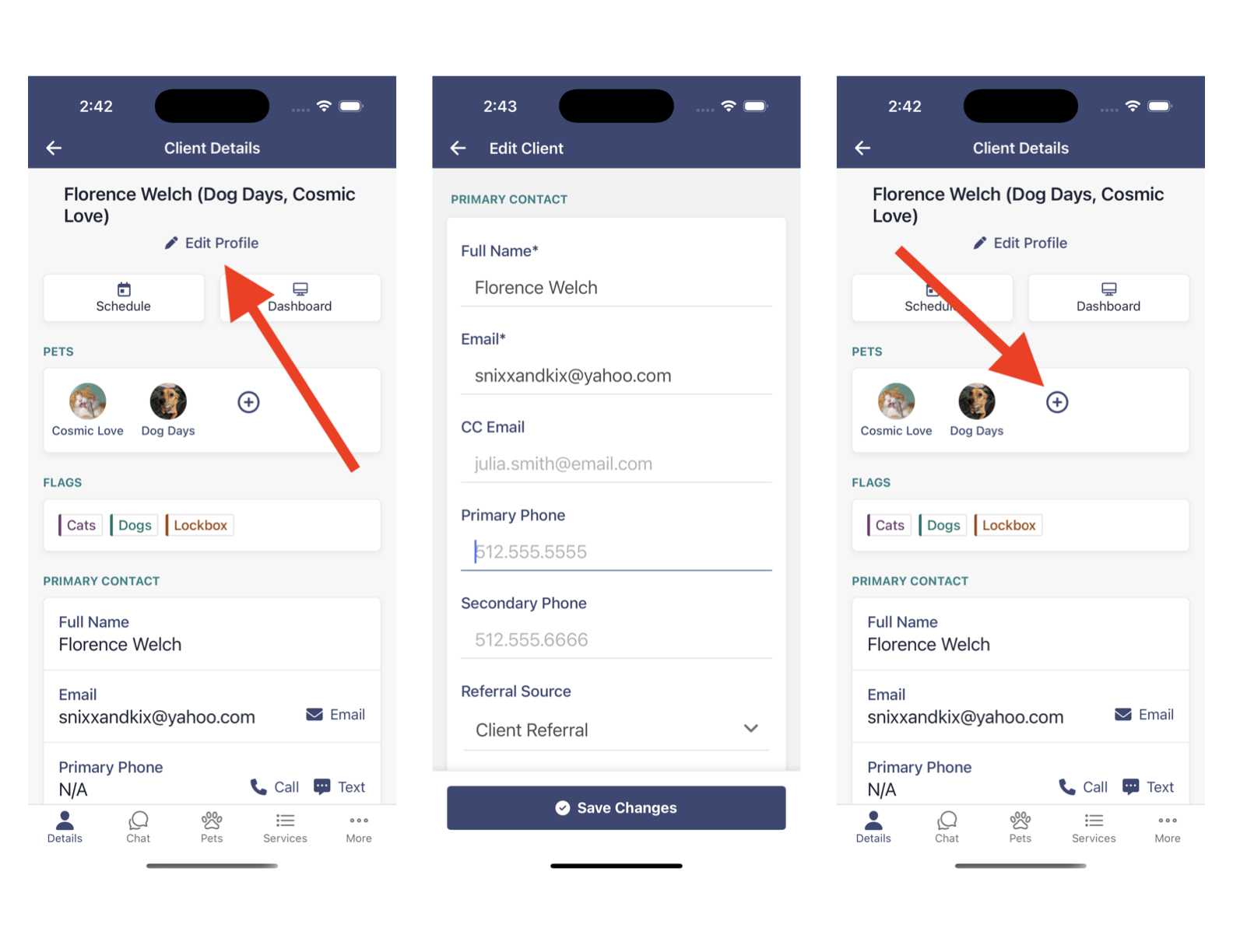 mobile app view of client profile with options for editing the profile and adding pets