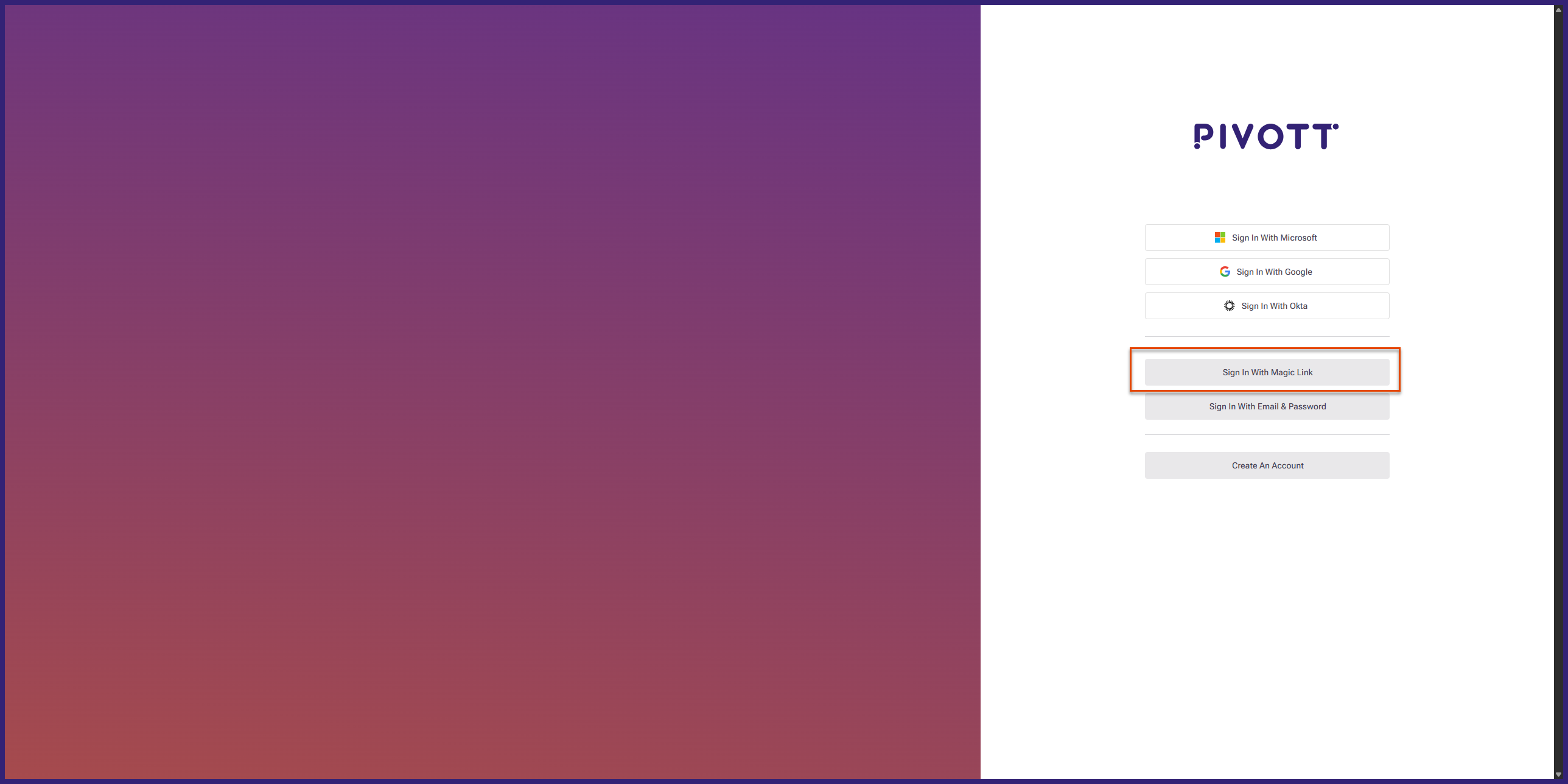 View of the Pivott login page with the Sign In With Magic Link button highlighted.