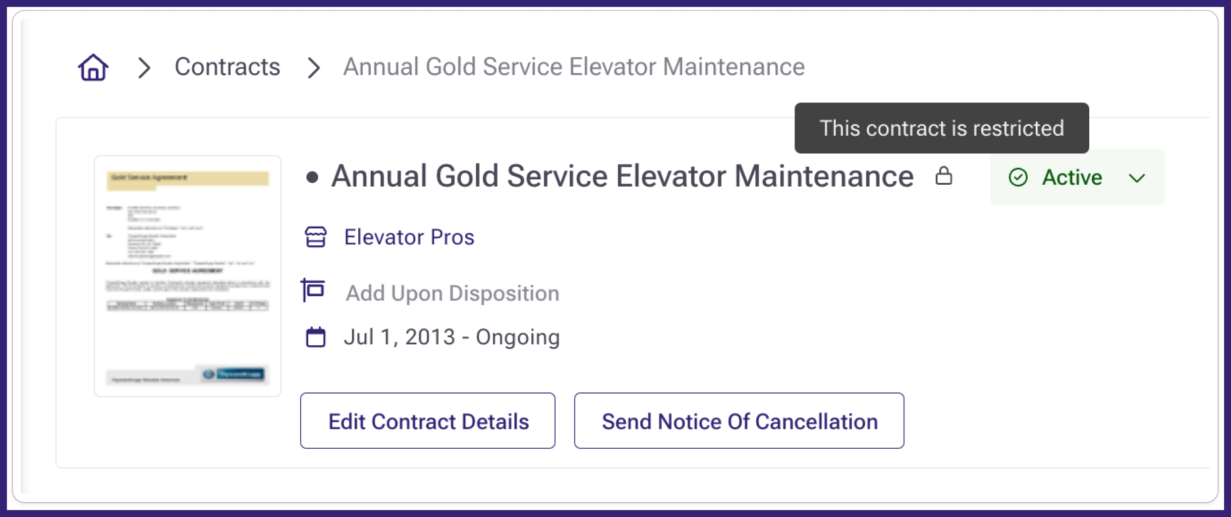 Close view of a contract's details with a note above lock that says