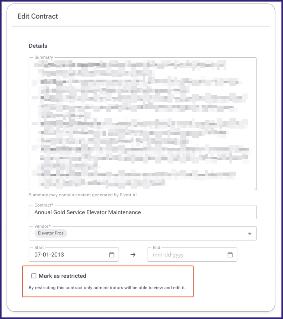 View of Edit Contract form with Mark as restricted unchecked