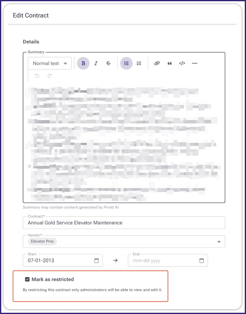 View of Edit Contract form with Mark as restricted checked off