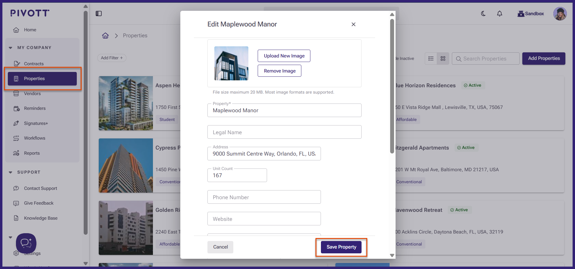 View of the edit property details function.