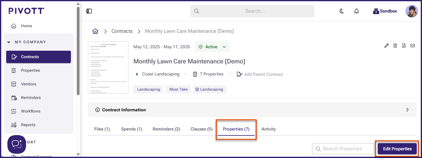 Close view of the Properties and Edit Properties buttons.