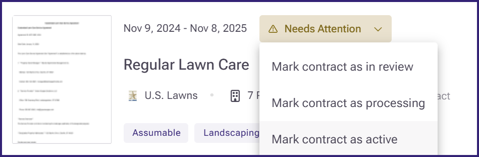 Close view of setting a contract to active.