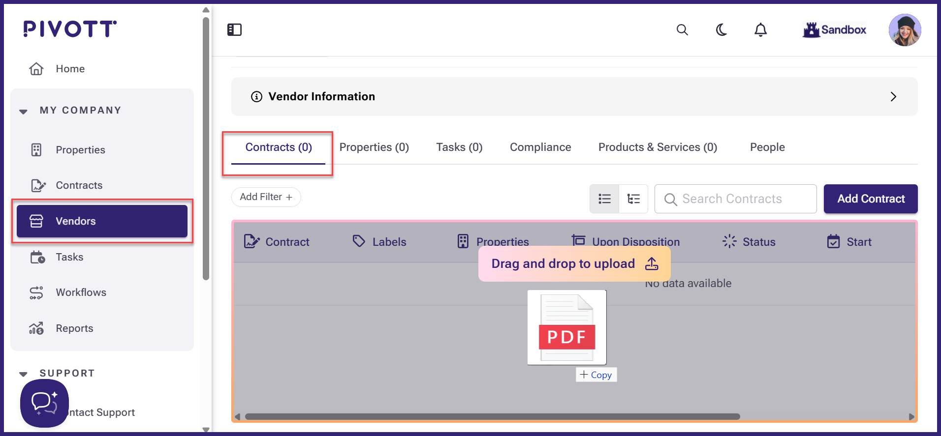 View of the drop zone on the vendors page.