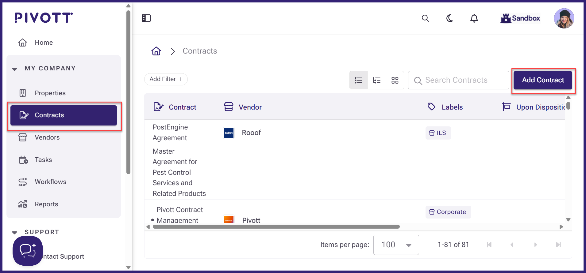 View of the Add Contract button on the contracts page.