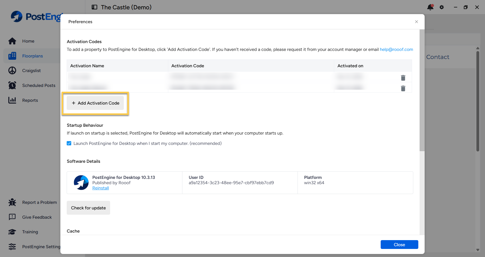 Preferences window with the Add Activation Code button highlighted.