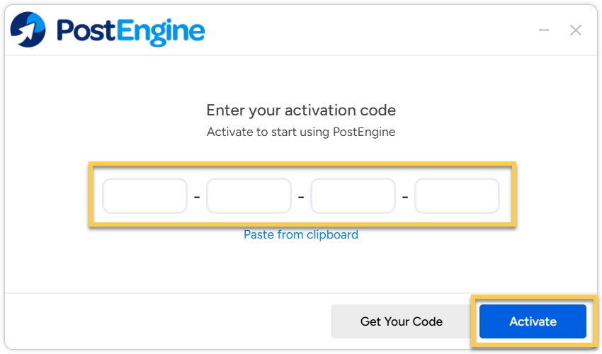 Activation code entry field.