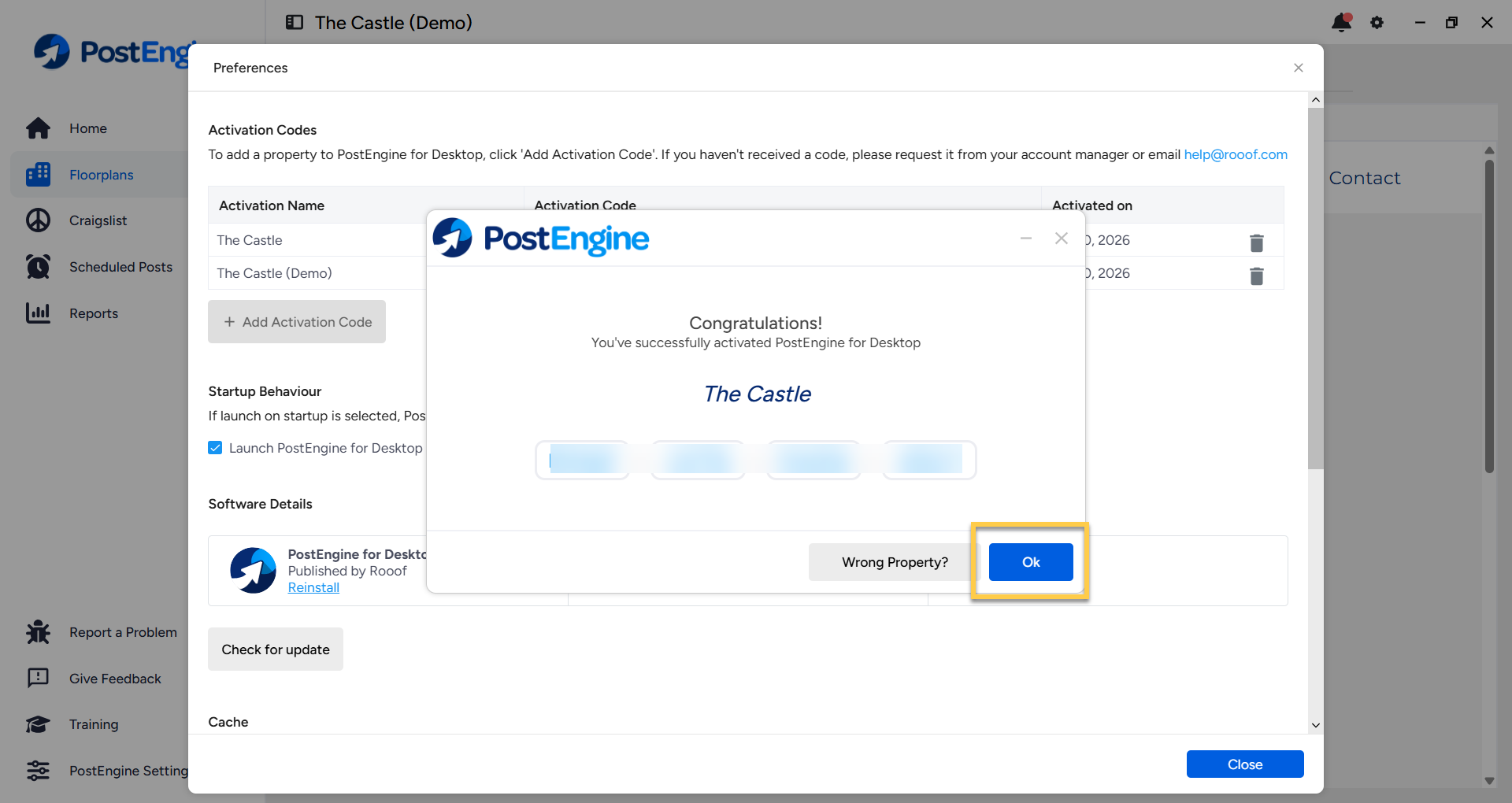 Activation code entry field in the Preferences window with Ok button highlighted.