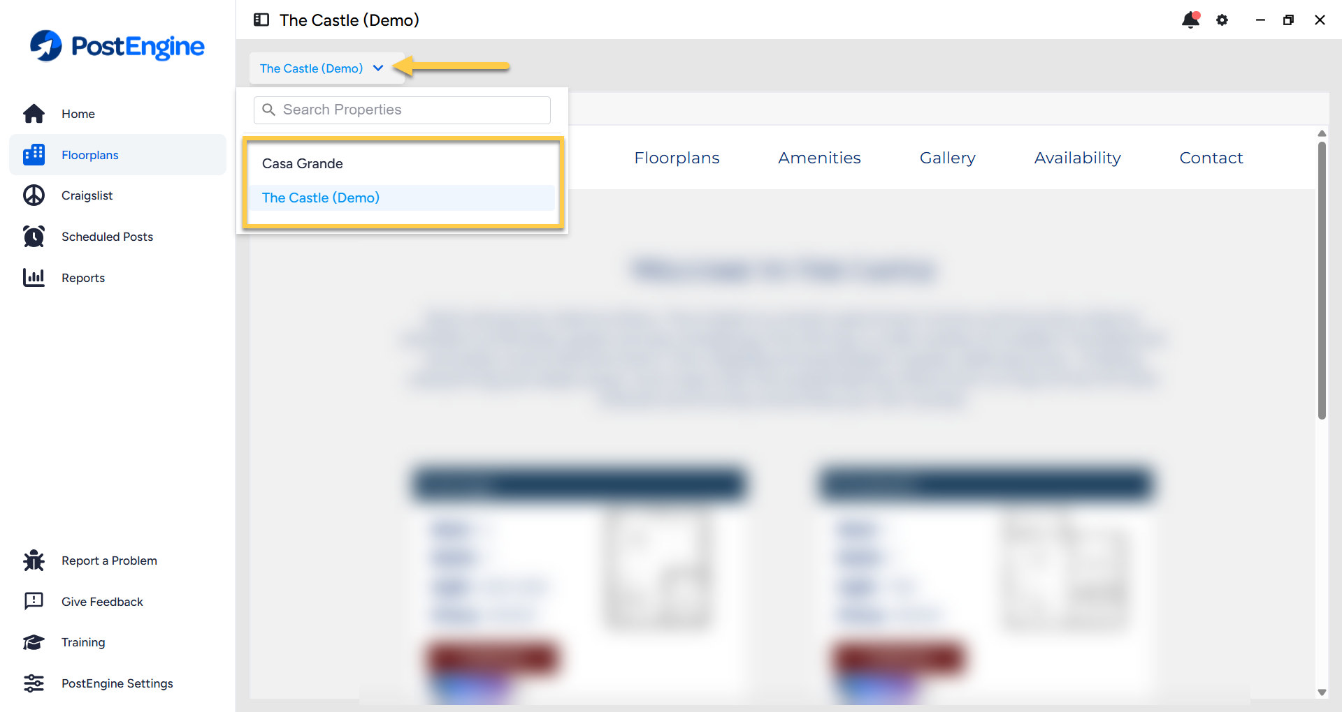 Property selection dropdown in PostEngine for switching between activated properties.
