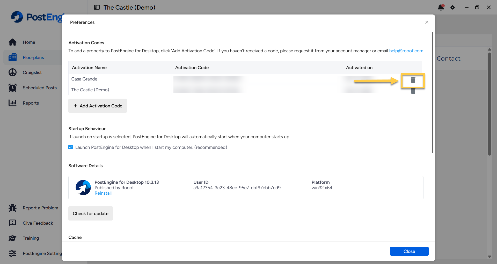 Preferences window showing the trash icon used to remove an activation code.
