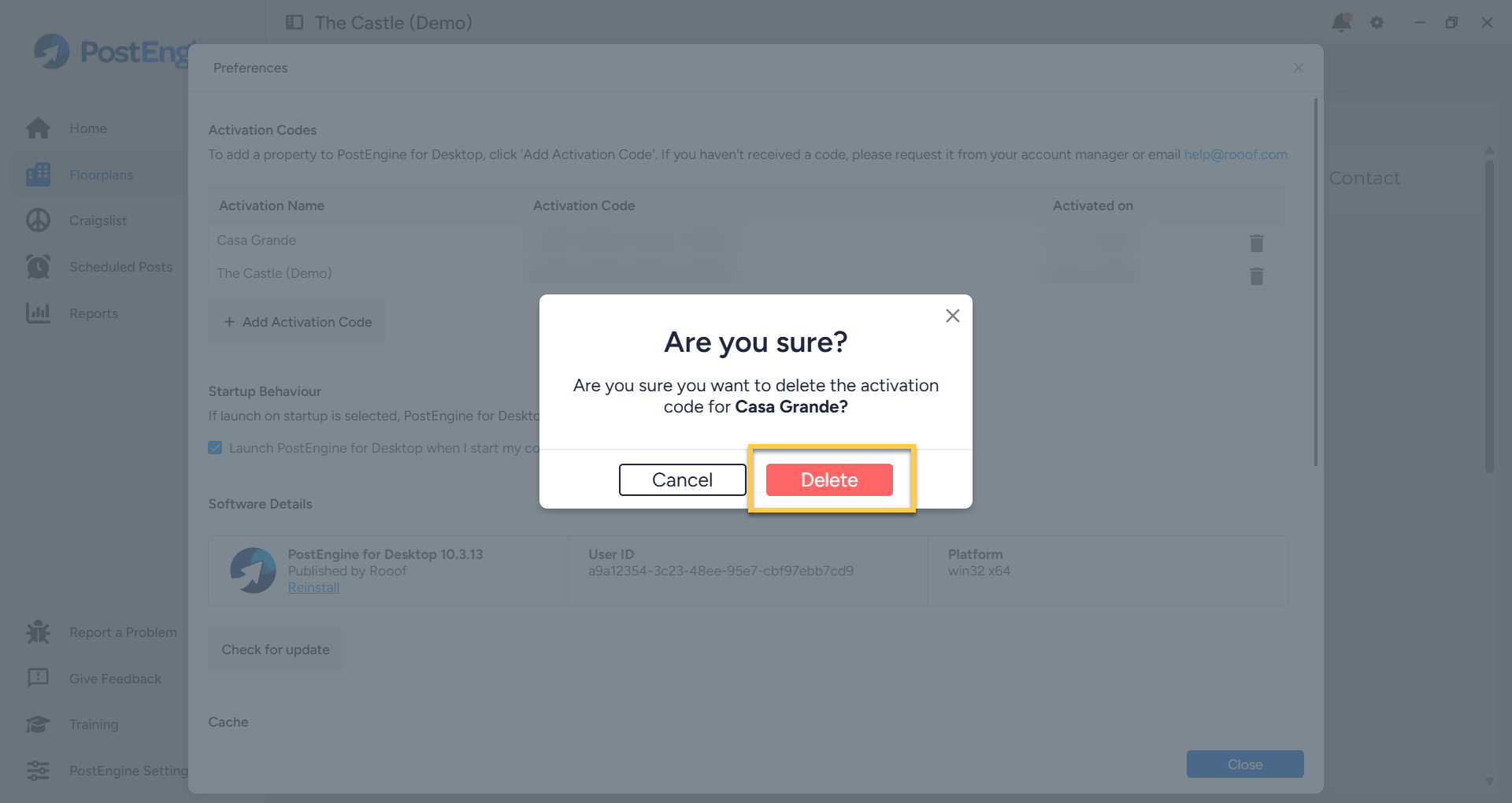Confirmation prompt to delete activation from PostEngine.
