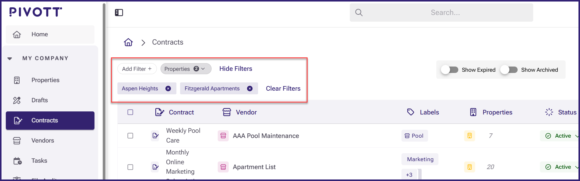 Image of Filters on the Contracts tab.