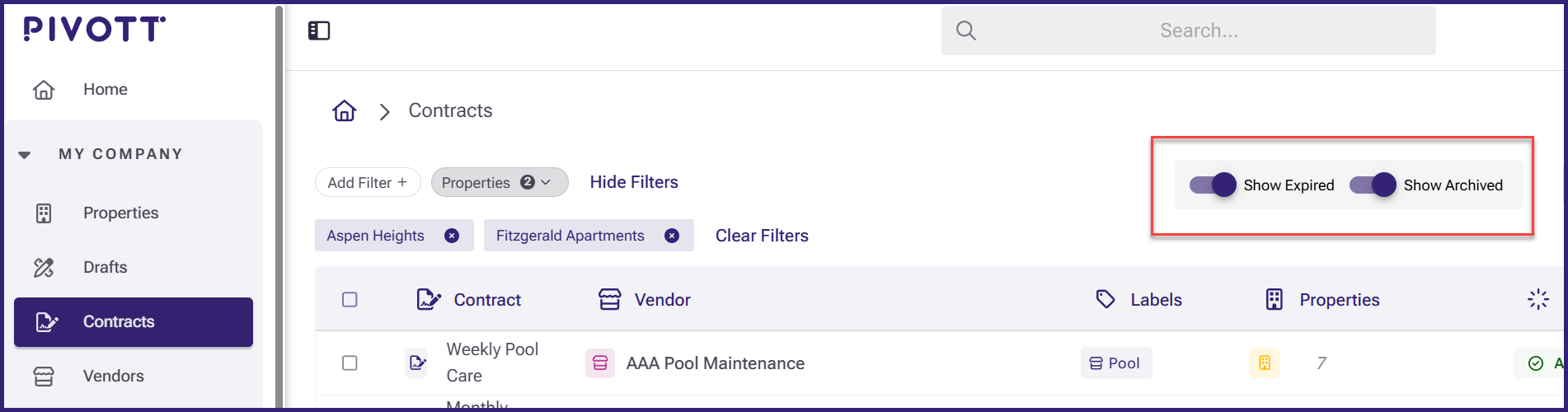 Image of Expired and Archived toggles on the Contracts tab.
