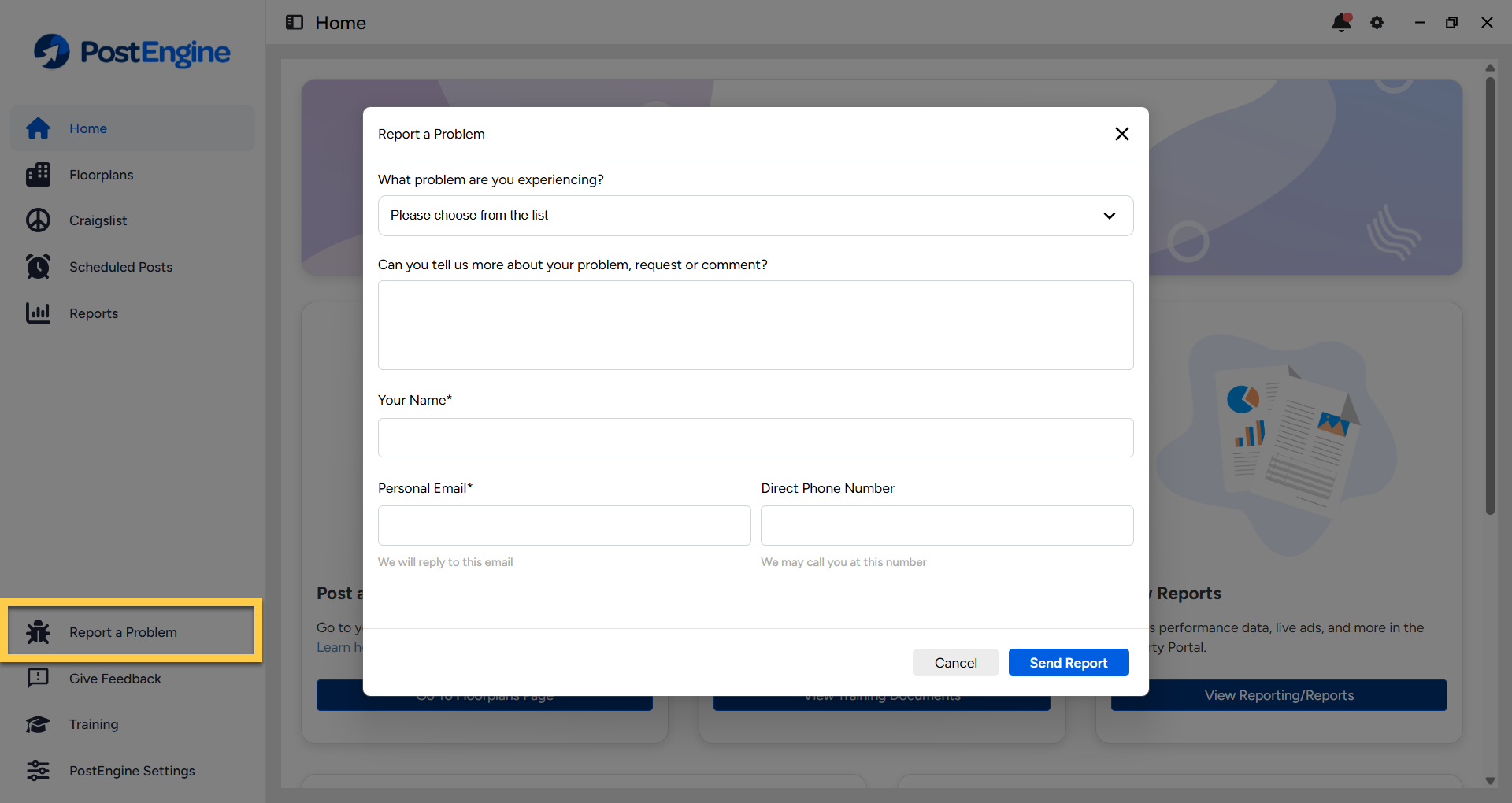 Report a problem modal in PostEngine for Desktop