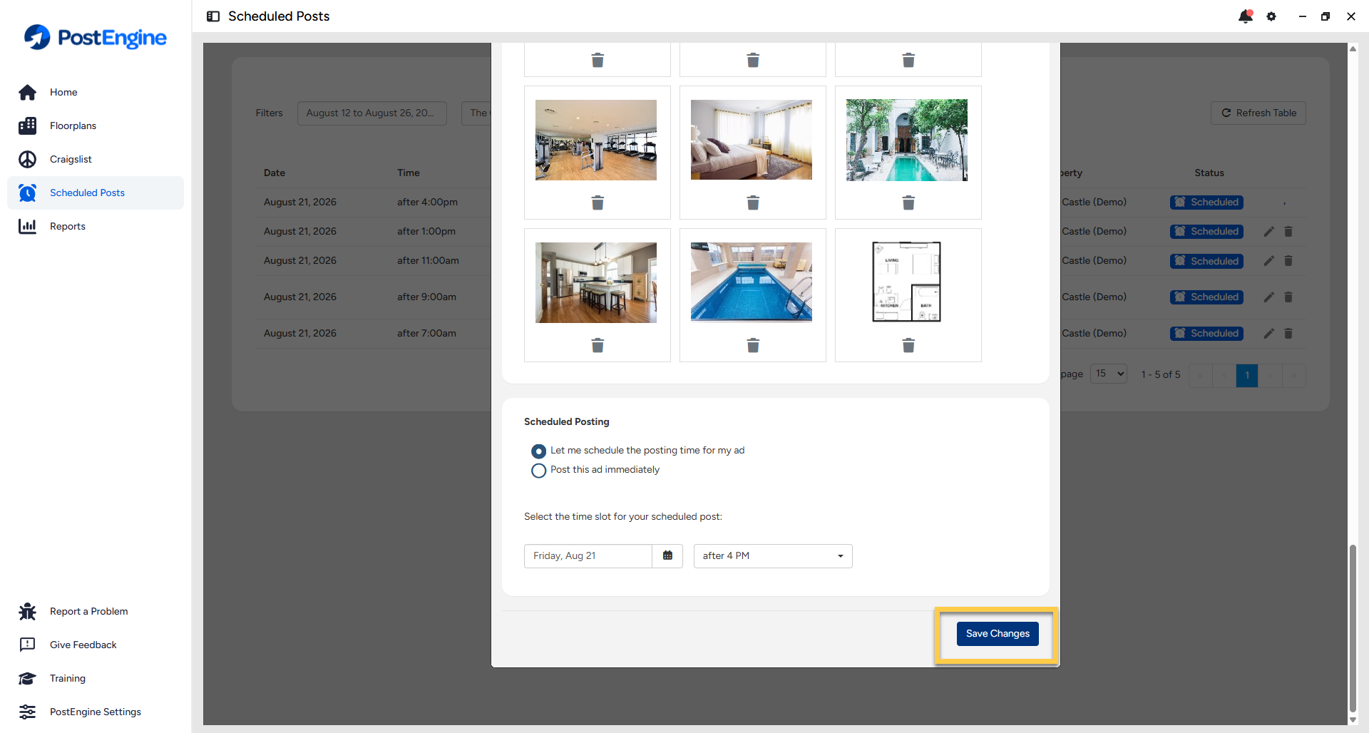 postengine for desktop scheduling ad modal
