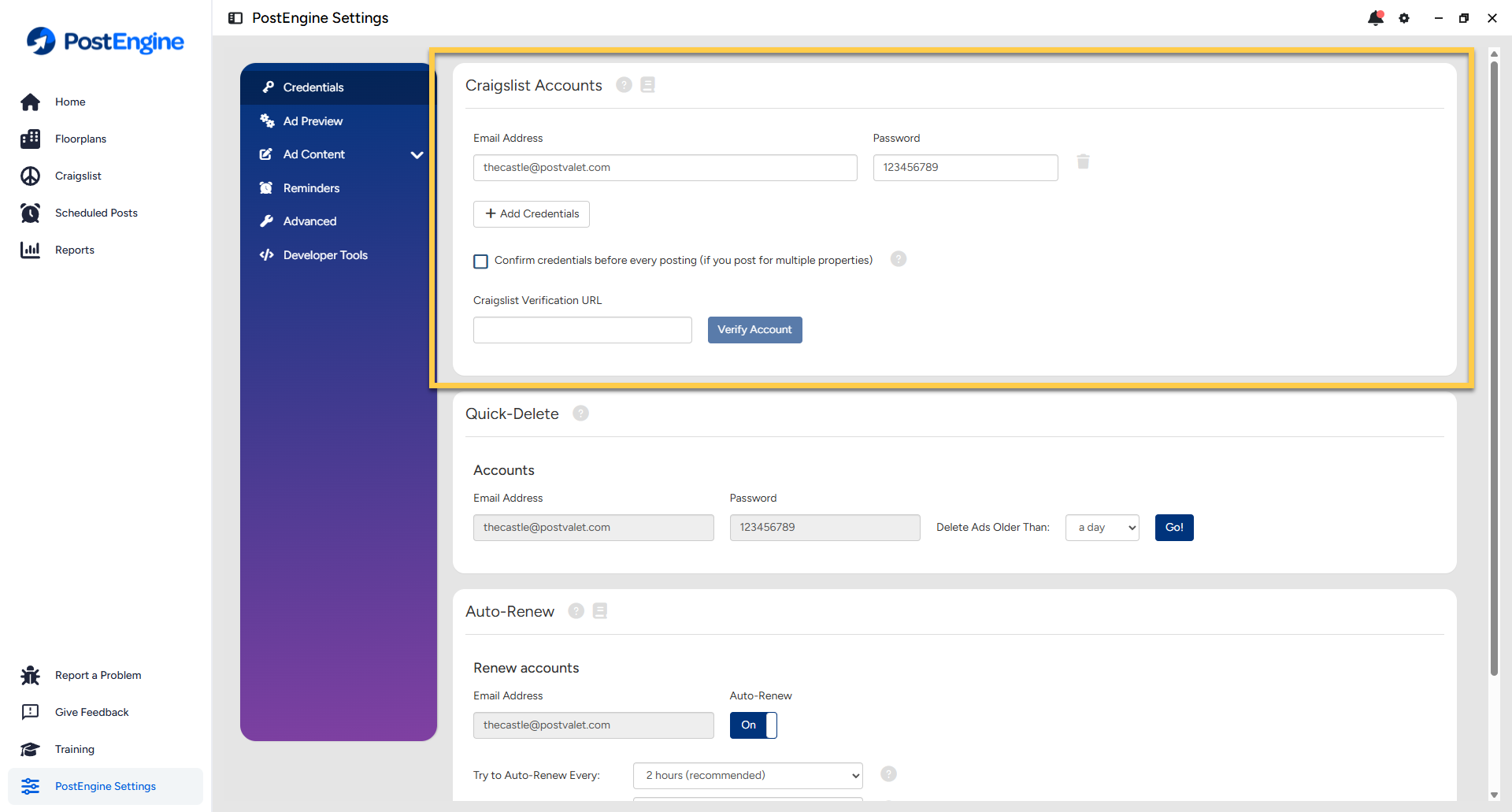 Credentials page in PostEngine Settings