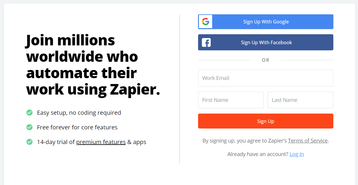 Zapier - Sign Up page