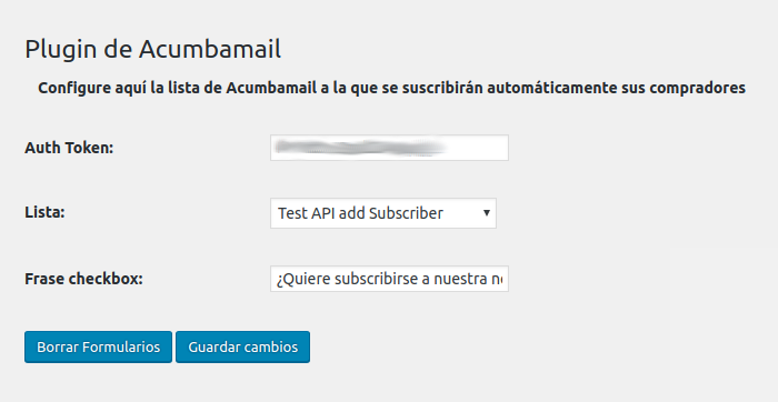 confirmación integración de plugin de acumbamail en wordpress