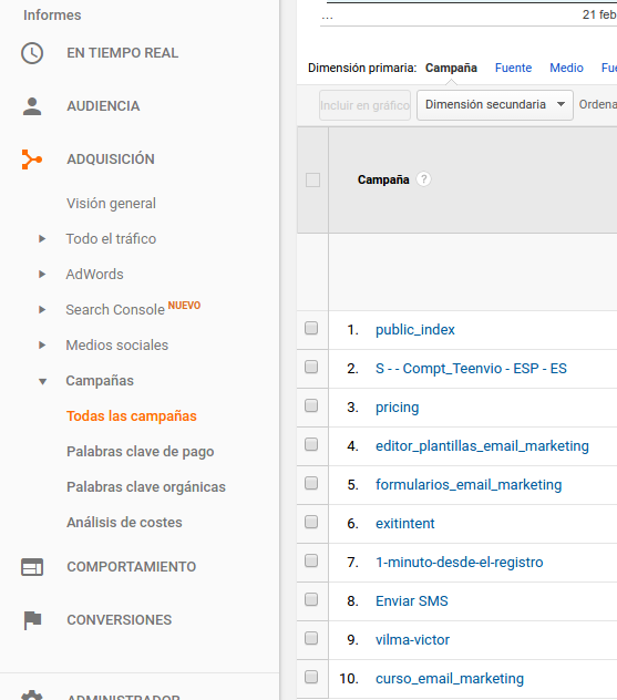 vista google analytics integrado con acumbamail