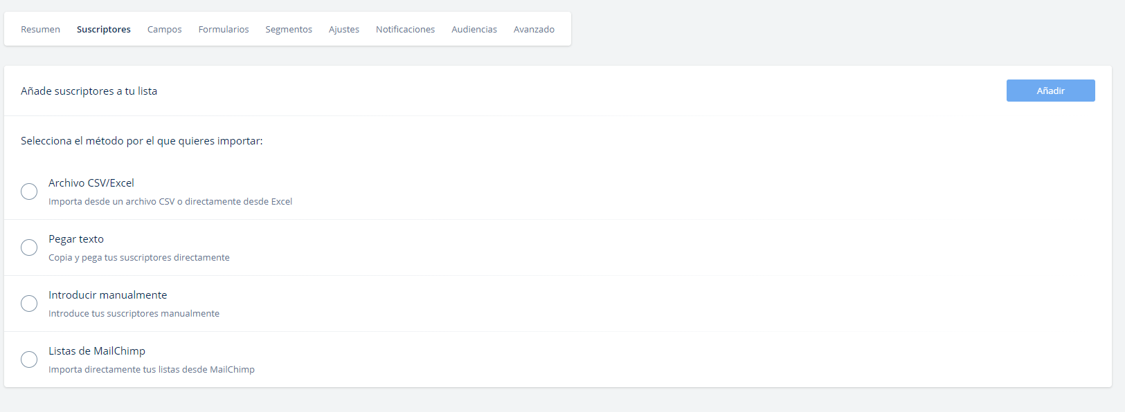 opciones de importación de suscriptores