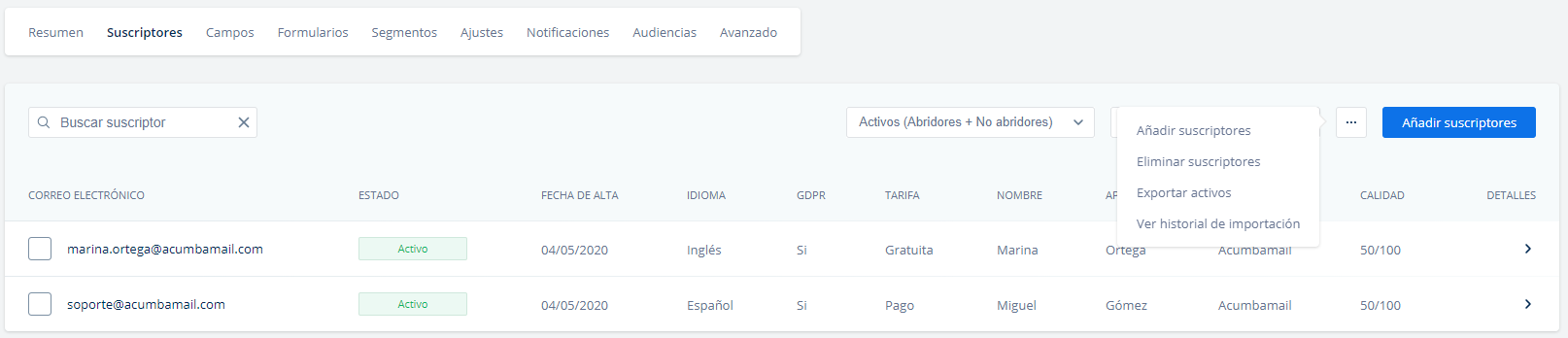 historial de importación lista de email marketing