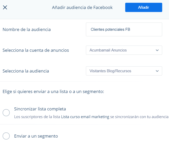 añadir audiencia de facebook a acumbamail