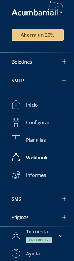 menú de webhooks desde email transaccional