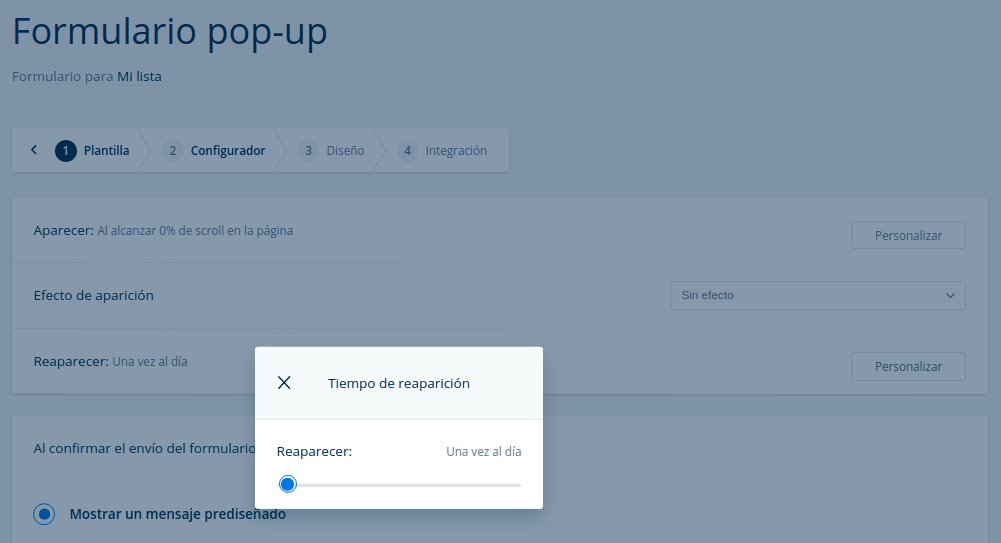 frecuencia de reaparición formulario popup