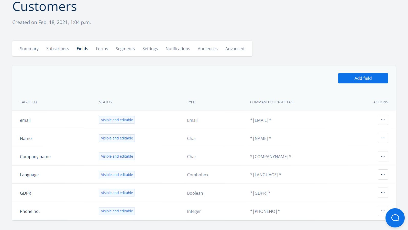 different types of email list fields