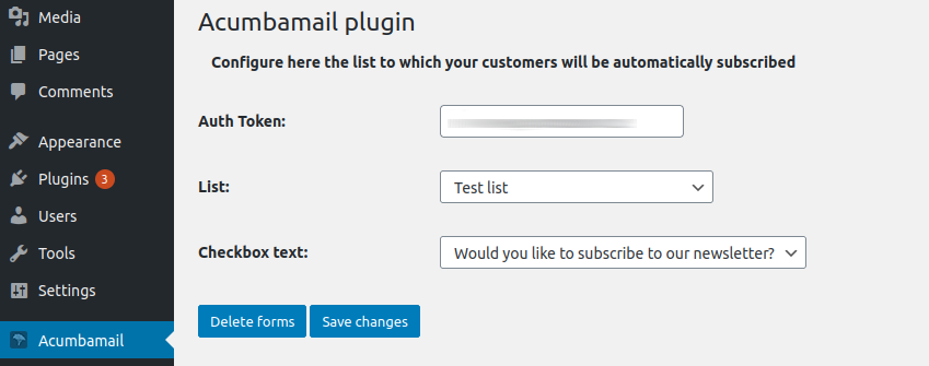 confirmación integración de plugin de acumbamail en wordpress