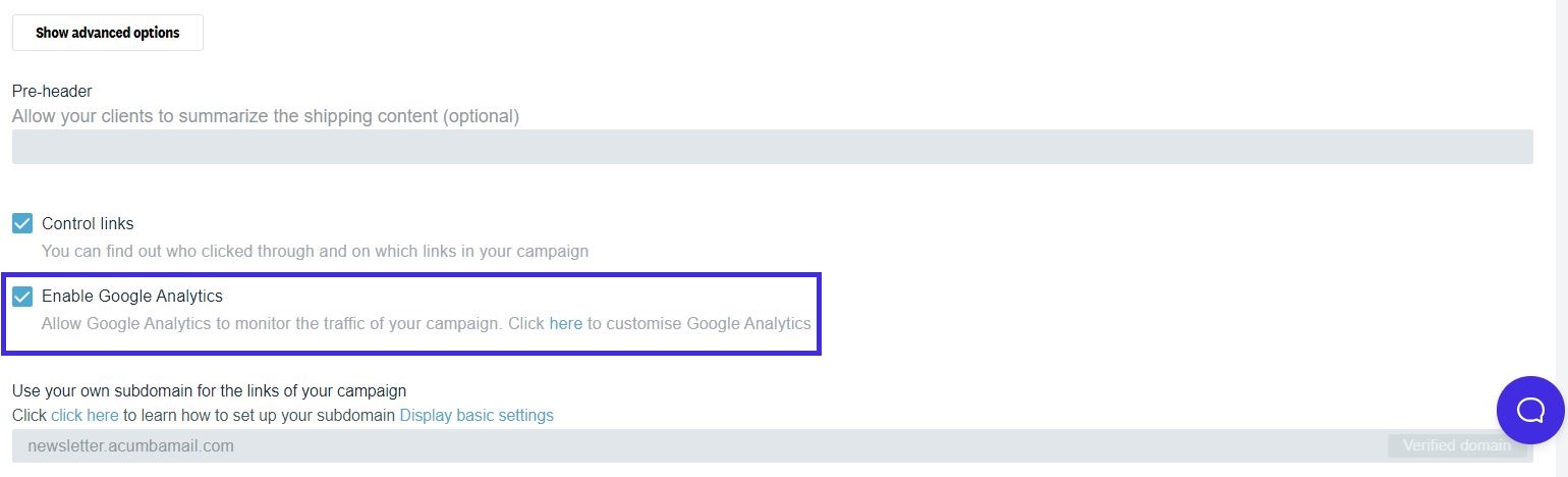 activate google analytics in campaign of acumbamail