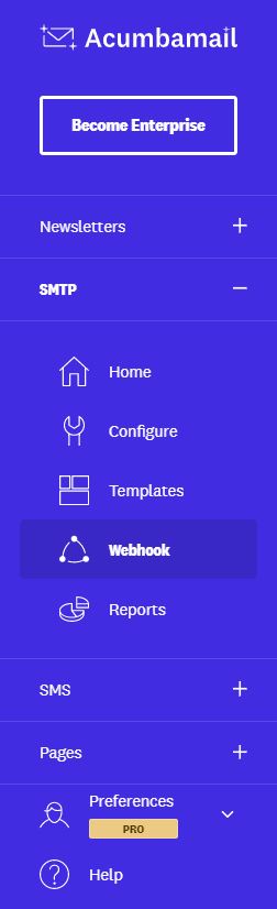 menú de webhooks desde email transaccional