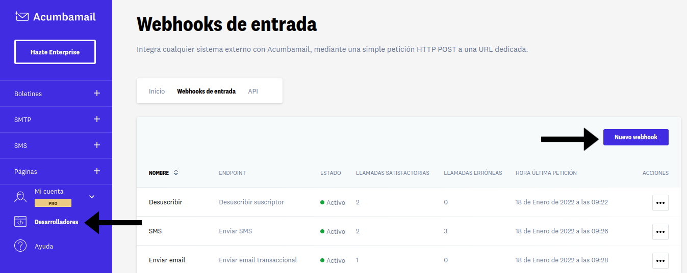 Cómo acceder a webhooks de entrada