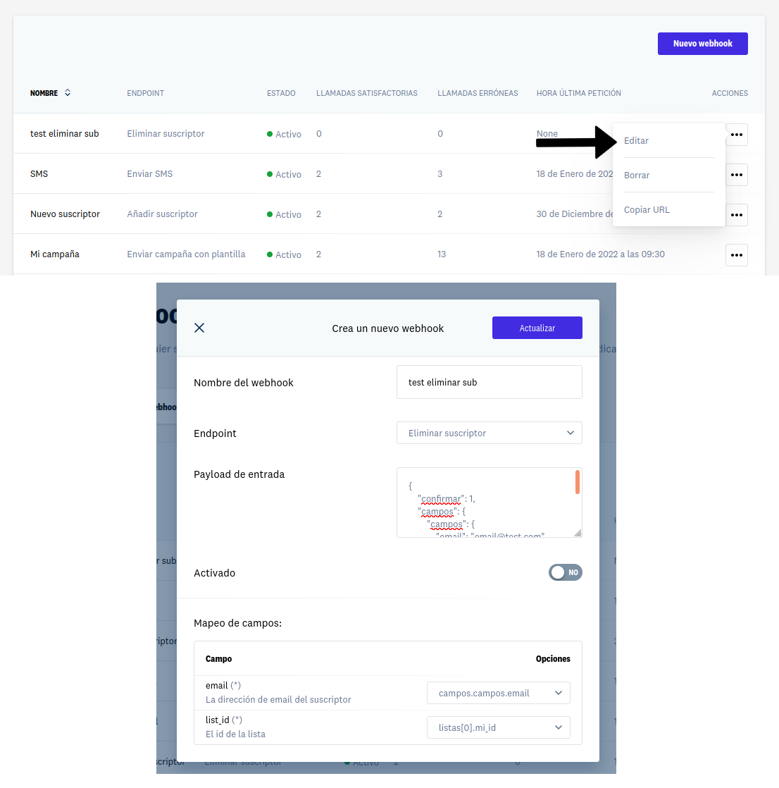 Editar un webhook existente