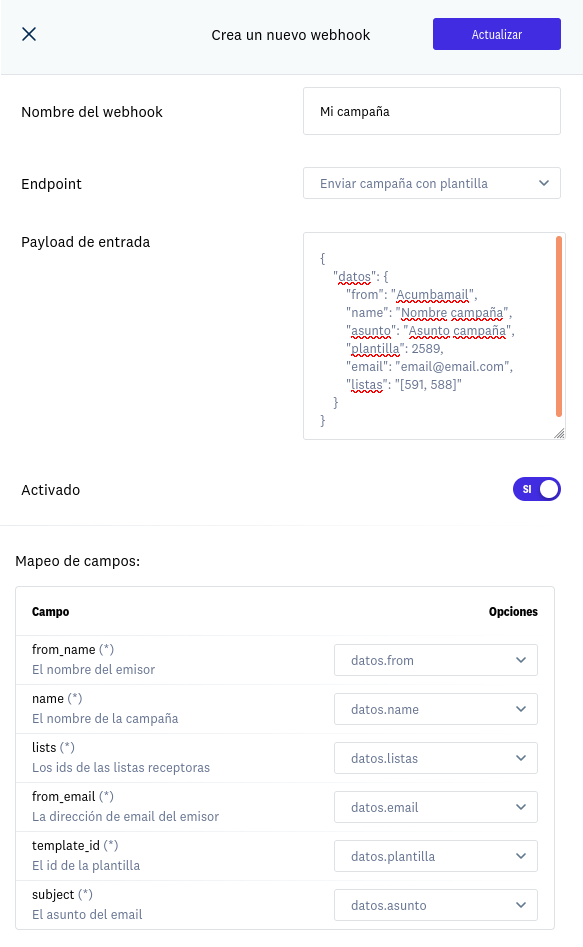 Configuración de ejemplo para enviar campaña con plantilla