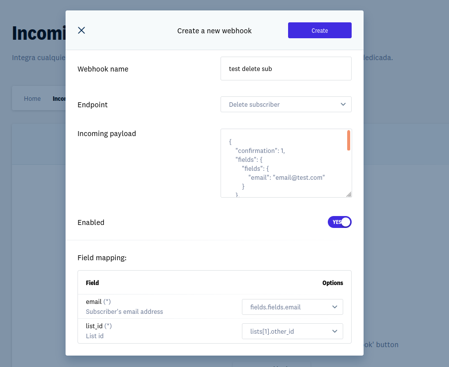 Form to create input webhook