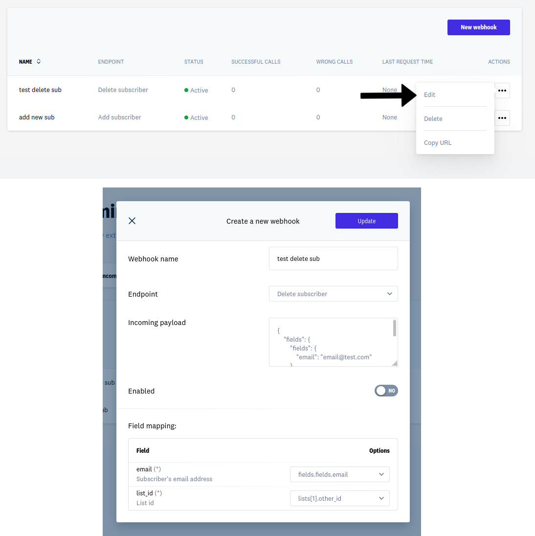 Editar un webhook existente