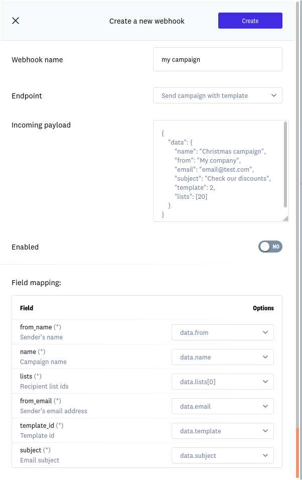 Configuración de ejemplo para enviar campaña con plantilla