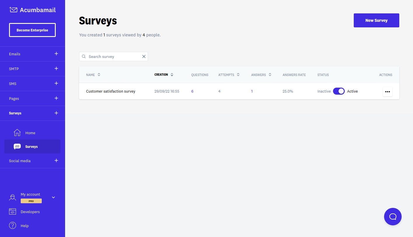 Section where the button is to create a new survey