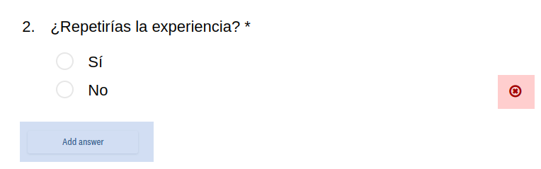 Botones para añadir o eliminar opciones de pregunta