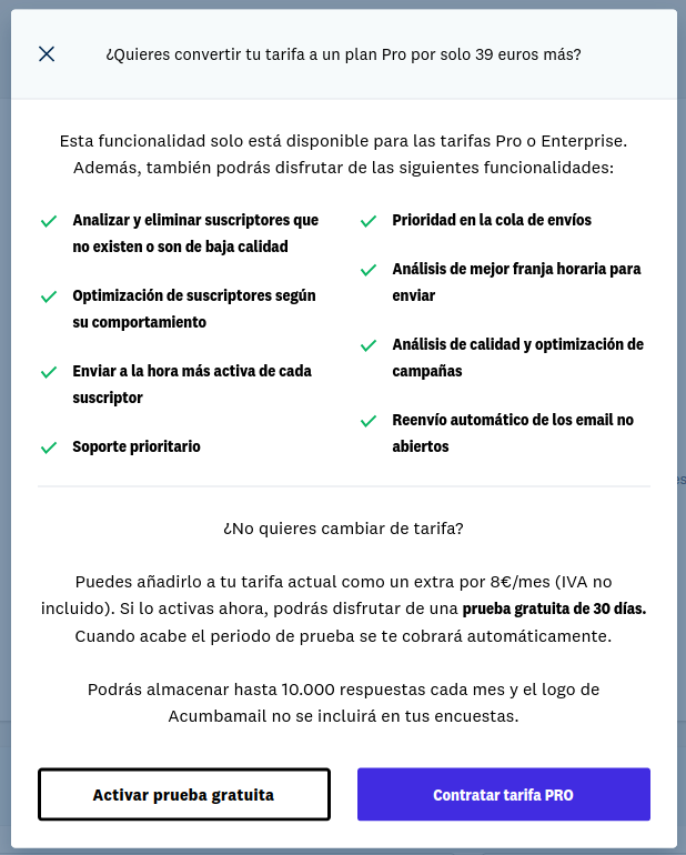 Popup para pasarse a Pro o activar extra de Encuestas