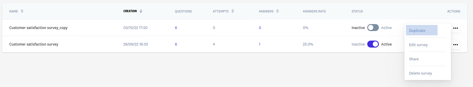 Duplicar encuesta desde listado de encuestas