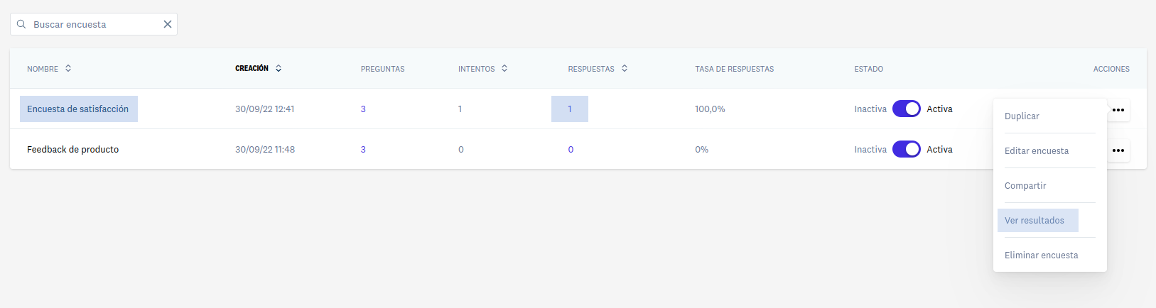 Ver resultados desde el listado de encuestas