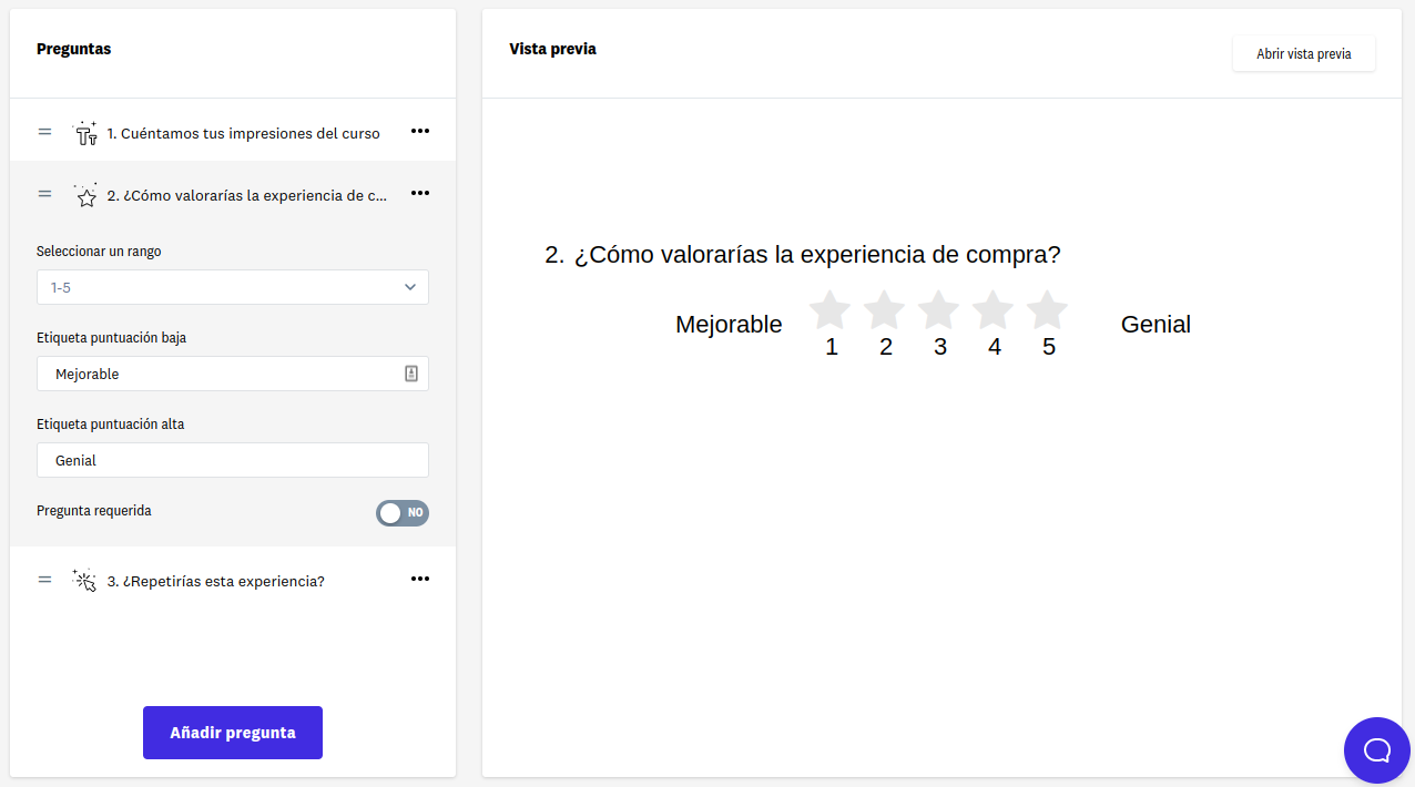 Panel de creación de pregunta y panel de previsualización