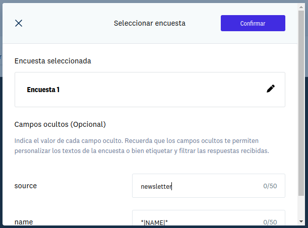 Dar valor a los campos ocultos al insertar una encuesta en el diseño del email