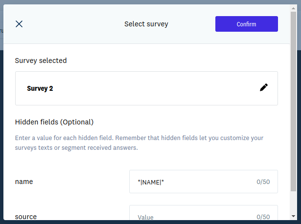 Give value to hidden fields when inserting a survey into the email design