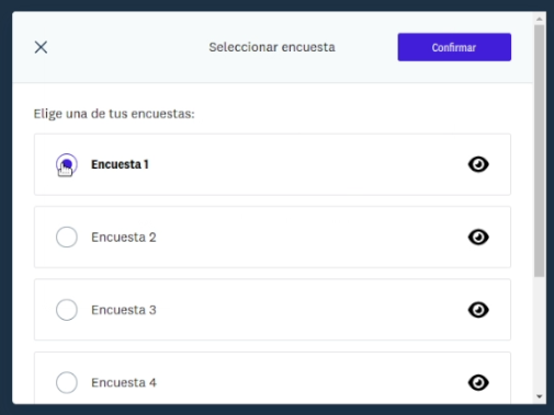 Modal para seleccionar una encuesta a insertar en la landing