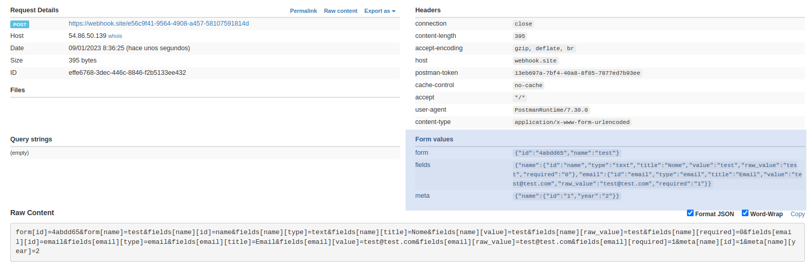 Resultado de llamar a webhook.site desde Elementor