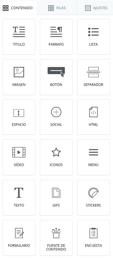 Vista con todos los bloques de contenido disponibles